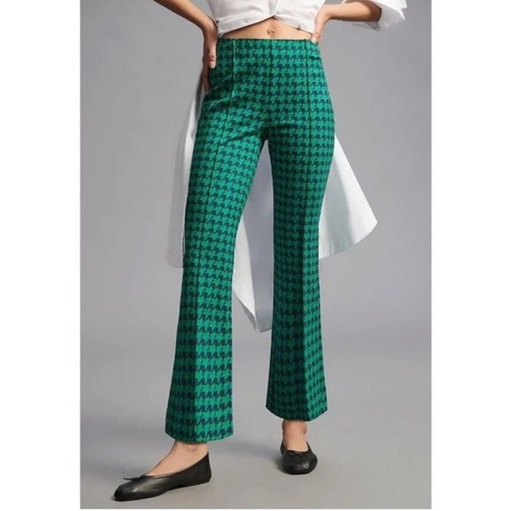 Anthropologie Green and Black Houndstooth Boot-Cut Pants